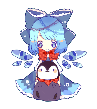 bad_id bad_pixiv_id bird blue_dress blue_eyes blue_hair bow cirno dress hair_bow lowres mogu_(lollysweet) penguin puffy_sleeves short_hair short_sleeves simple_background sitting smile solo touhou white_background wings