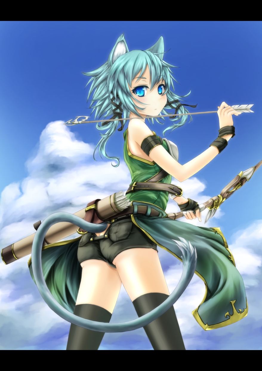 animal_ears arrow ass ass_cutout black_legwear blue_eyes blue_hair bow_(weapon) butt_crack cat_ears cat_tail cloud day hair_ribbon highres holding letterboxed quiver r0g0b0 ribbon short_shorts shorts sinon sinon_(sao-alo) sky solo sword_art_online tail tail_slit_clothes tail_through_clothes thighhighs weapon