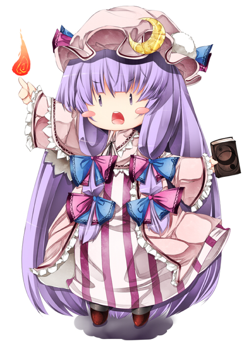 arm_up blush blush_stickers book bow chibi coat crescent dress fire flame hair_bow hair_ribbon hat long_hair long_sleeves open_clothes open_coat open_mouth patchouli_knowledge purple_eyes purple_hair ribbon solo striped striped_dress sugiyuu touhou very_long_hair wide_sleeves |_|