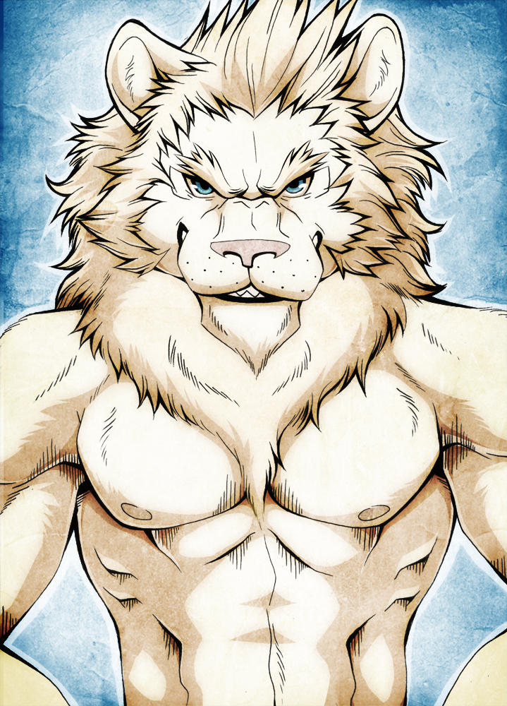 abstract_background aluminemsiren anthro biceps blue_eyes feline fur grin lion looking_at_viewer male mammal muscles nipples pecs portrait solo teeth topless white_fur