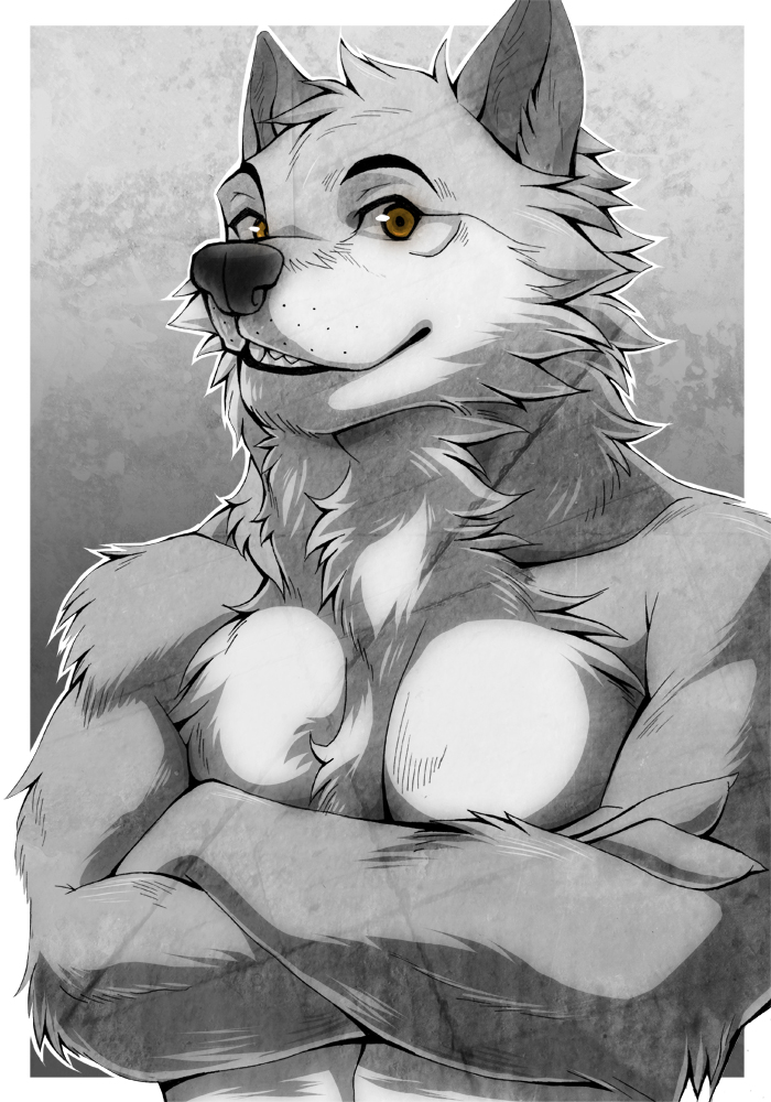 aluminemsiren anthro biceps black_nose brown_eyes canine chest_tuft fur grey_fur male mammal muscles pecs portrait smile solo teeth tuft white_fur wolf