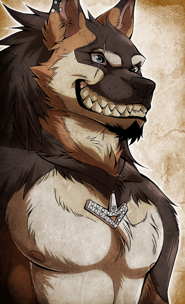 aluminemsiren anthro black_fur black_nose blue_eyes brown_fur canine clenched_teeth fur grin male mammal muscles necklace nipples pecs portrait scar solo teeth topless white_fur wolf