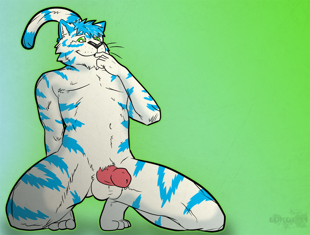 blue_hair erection feline fur green_eyes hair hindpaw kneeling looking_at_viewer lukoi male mammal nude paws penis presenting solo storm-tiger stripes tiger toes white_fur white_tiger