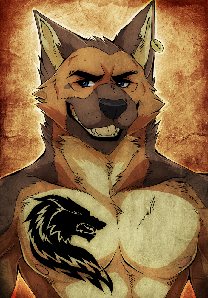 aluminemsiren anthro biceps black_nose blue_eyes brown_fur canine fur male mammal muscles nipples open_mouth pecs piercing portrait pose smile solo tattoo teeth topless white_fur wolf