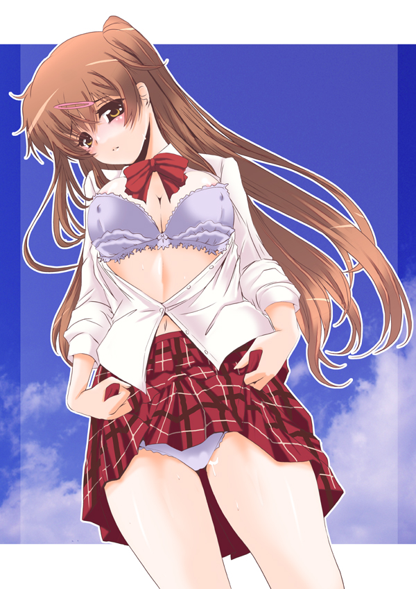 bow bowtie breasts brown_eyes brown_hair chuunibyou_demo_koi_ga_shitai! cleavage covered_nipples dress_shirt frapowa hair_ornament hairclip large_breasts lingerie navel nibutani_shinka one_side_up open_clothes open_shirt panties plaid plaid_skirt shirt skirt skirt_lift sleeves_pushed_up solo unbuttoned underwear