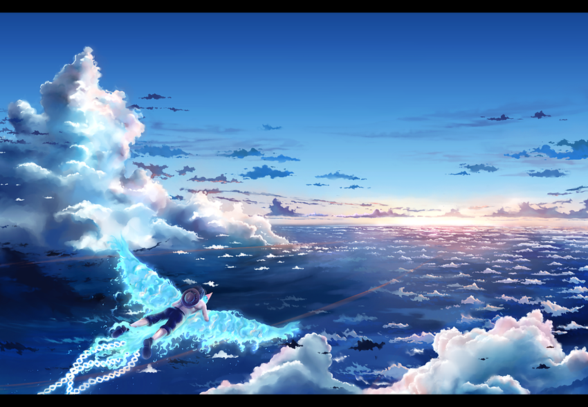 2boys bird blue_fire cloud clouds fiery_wings fire flying hat letterboxed male male_focus marco megatruh multiple_boys ocean one_piece portgas_d_ace sky topless water whitebeard_pirates