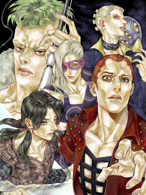 androgynous asymmetrical_hair bare_shoulders black_choker black_hair blonde_hair blue_eyes choker closed_mouth collarbone domino_mask expressionless extra_eyes fingernails formaggio green_eyes green_hair head_tilt holding illuso jacket jojo_no_kimyou_na_bouken long_hair looking_at_viewer male_focus mask mask_removed melone multiple_boys nose open_clothes open_jacket parted_lips pesci prosciutto quad_tails red_hair red_jacket red_lips silver_hair sleeveless sorainu_(tegaki) tegaki the_grateful_dead_(stand) upper_body