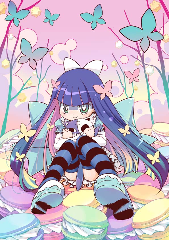 amimi bug butterfly cookie food frills green_eyes honekoneko_(psg) insect macaron multicolored_hair panty_&amp;_stocking_with_garterbelt pigeon-toed sitting smile solo stocking_(psg) striped striped_legwear thighhighs two-tone_hair