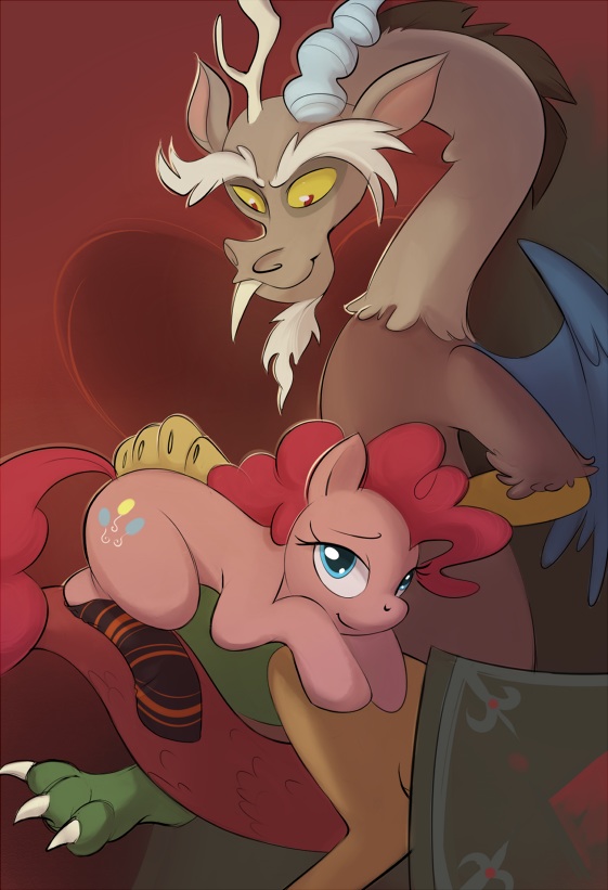 blue_eyes cutie_mark discord_(mlp) draconequus duo equine female feral friendship_is_magic fur hair horse looking_at_viewer male mammal my_little_pony pink_fur pink_hair pinkie_pie_(mlp) pony ponyparty red_eyes simple_background wings
