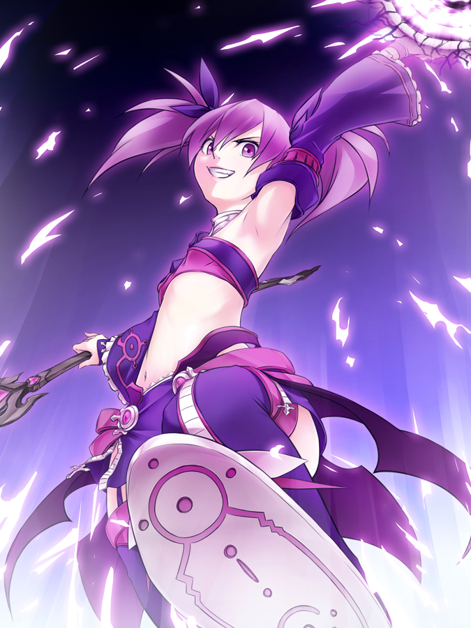aisha_(elsword) arm_up armpits bad_id bad_pixiv_id bandeau boots elsword from_below grin long_hair magic midriff navel purple purple_background purple_eyes purple_footwear purple_hair purple_legwear purple_skirt purple_sleeves skirt smile solo staff thigh_boots thighhighs twintails umikawa_torao void_princess_(elsword)