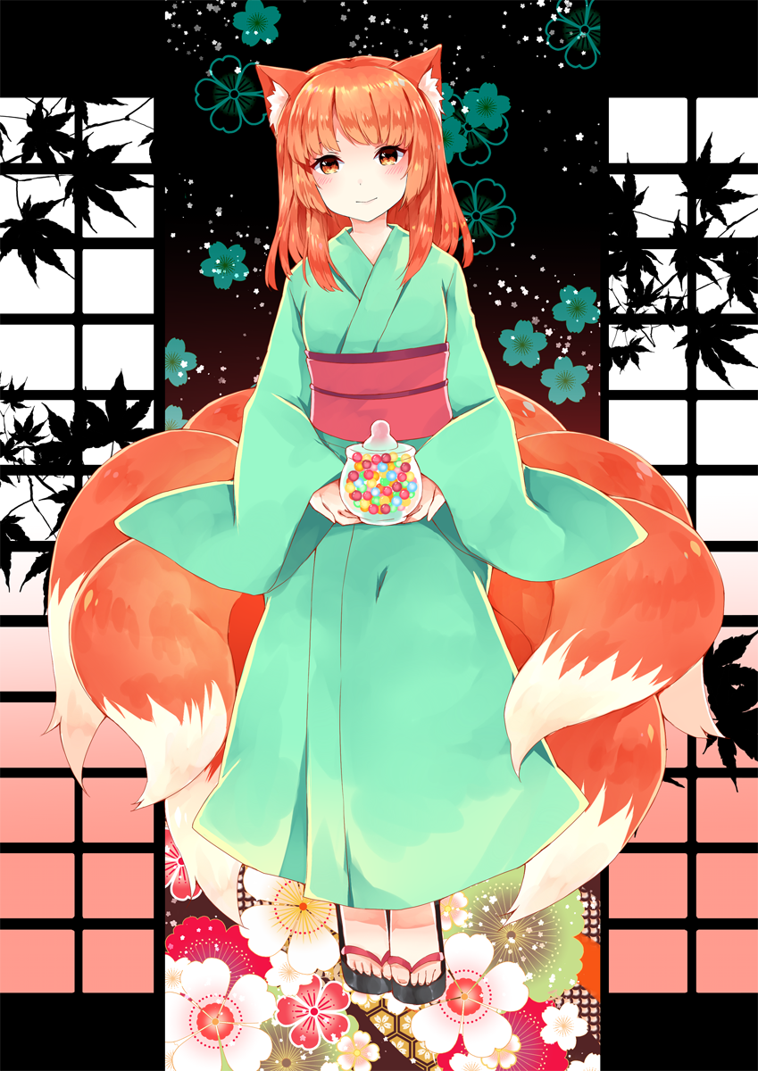 1girl animal_ear_fluff animal_ears bangs blue_kimono blush closed_mouth commentary_request commission copyright_request floral_background flower fox_ears fox_tail full_body highres holding japanese_clothes kimono long_sleeves looking_at_viewer medium_hair multiple_tails obi orange_eyes orange_hair peachpii sandals sash smile solo standing tail toenails white_flower wide_sleeves