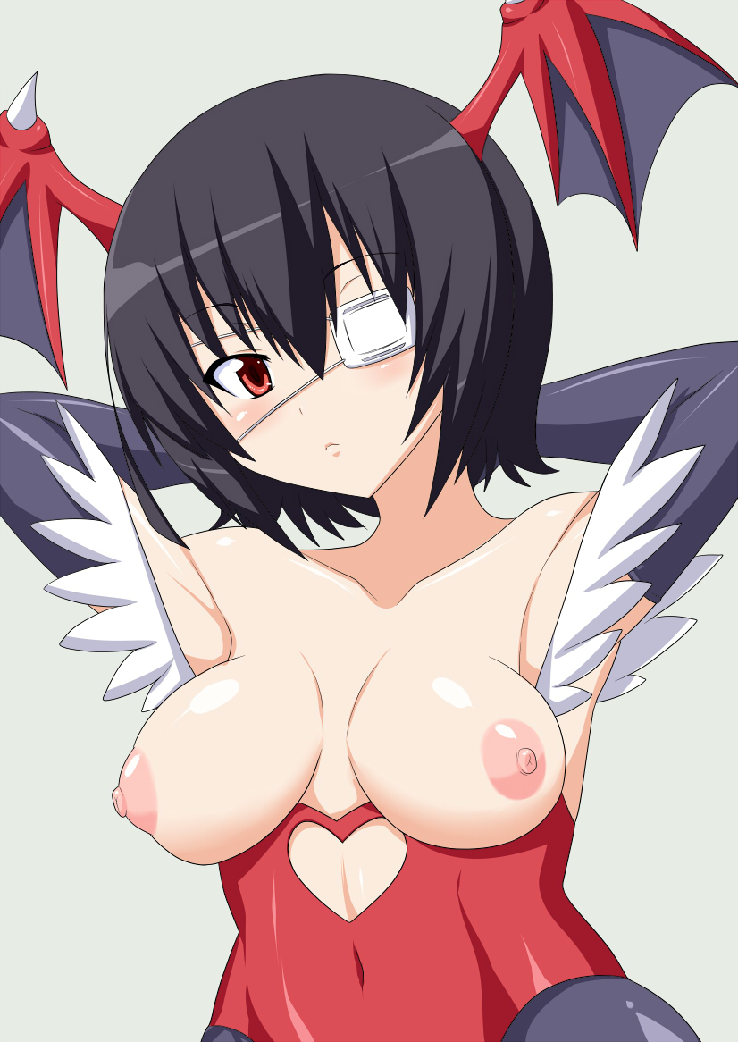 1girl another blush breasts cosplay eye_peatch eyepatch misaki_mei nipples red_eyes