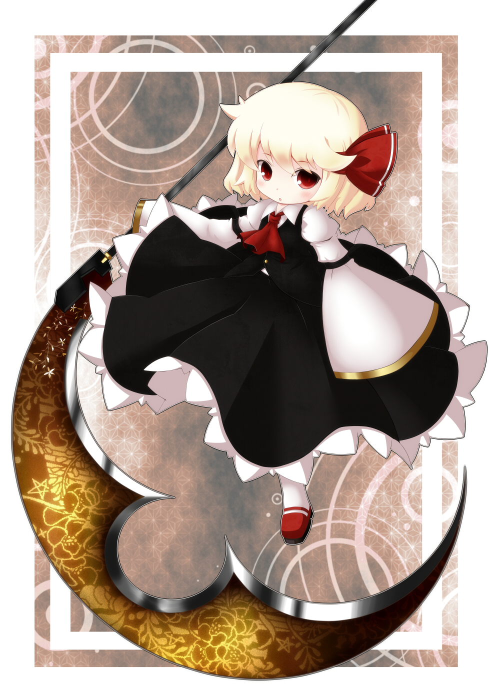 :o ascot bad_id bad_pixiv_id blonde_hair blush cocozasa hair_ribbon highres long_sleeves open_mouth oversized_object red_eyes ribbon rumia scythe shirt short_hair solo touhou wide_sleeves