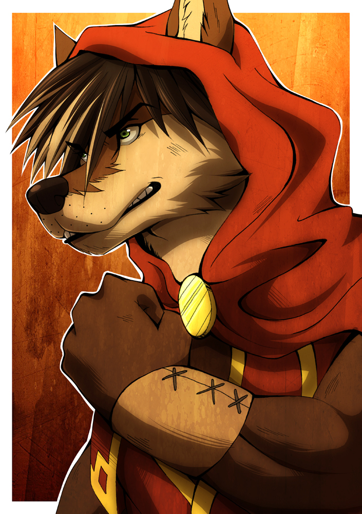 abstract_background aluminemsiren anthro assassin black_nose brown_fur brown_hair canine clenched_fist clenched_teeth cloak fox fur green_eyes hair male mammal muscles portrait solo teeth warrior wolf wristband xepher