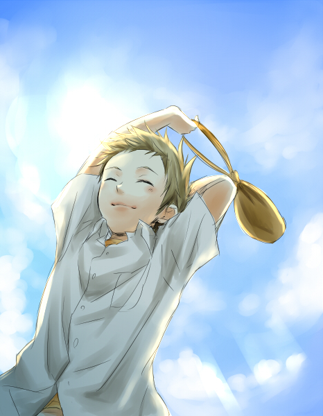 arms_up bag brown_hair closed_eyes from_below fukube_satoshi hyouka male_focus rito453 satchel school_uniform solo