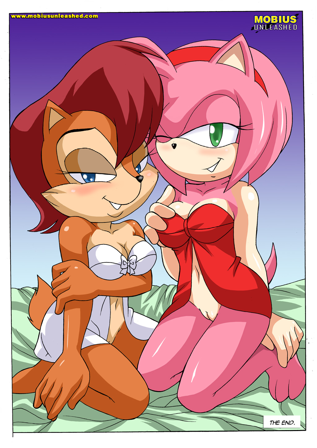 blue_eyes blush breasts cleavage clothed clothing female fur hair hairband hedgehog mammal mobius_unleashed one_eye_closed palcomix pink_fur pussy sally_acorn sega shirt smile sonic_(series)