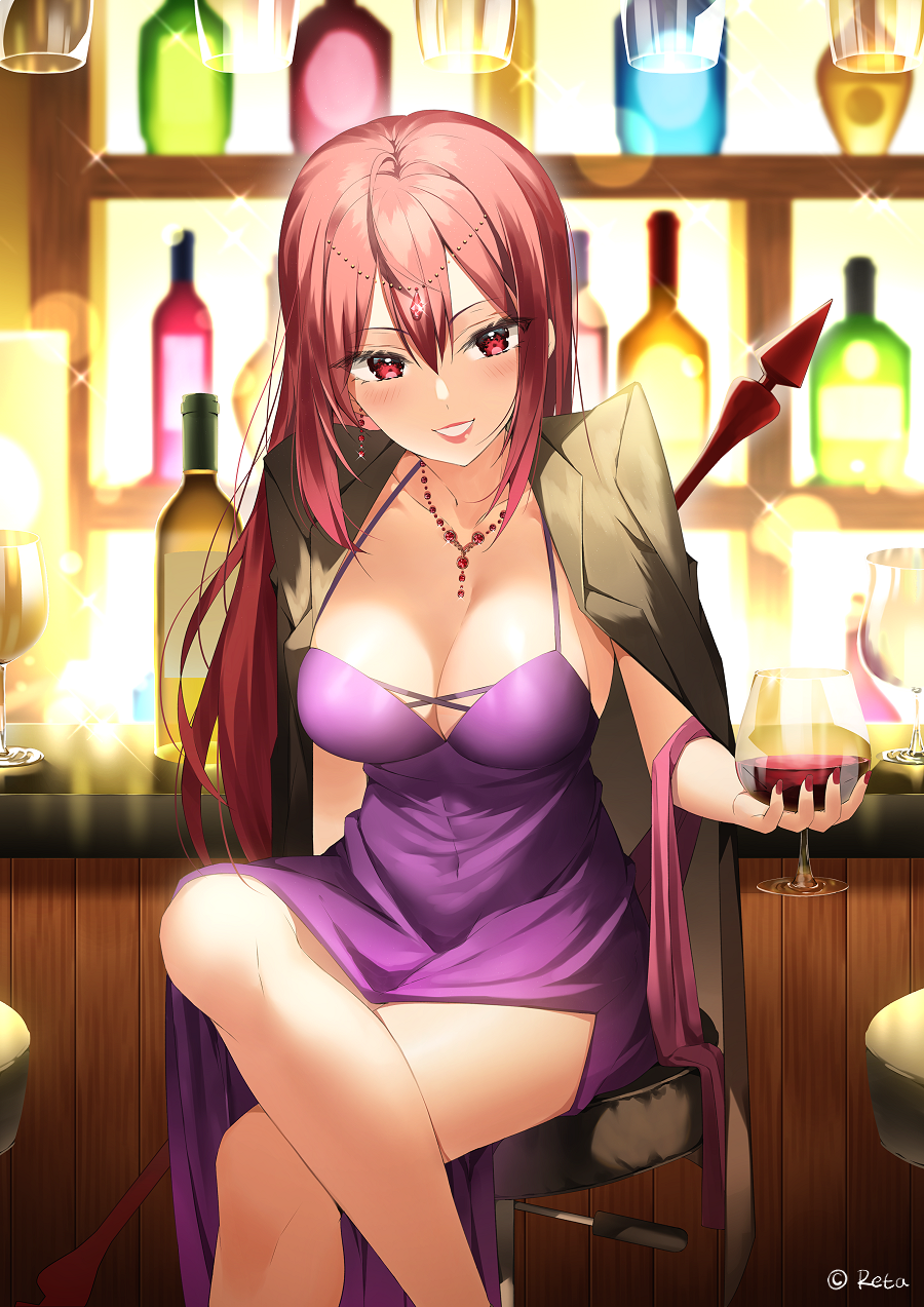 1girl alcohol artist_name bar bottle breasts cleavage coat cocktail_glass collarbone covered_navel cup dress drinking_glass earrings fate/grand_order fate_(series) forehead_jewel gae_bolg h_shai hair_intakes highres holding holding_cup indoors jewelry lamp legs_crossed lipstick long_hair looking_at_viewer makeup necklace purple_dress purple_hair red_eyes scathach_(fate)_(all) scathach_(fate/grand_order) smile stool wine wine_bottle wine_glass wooden_wall