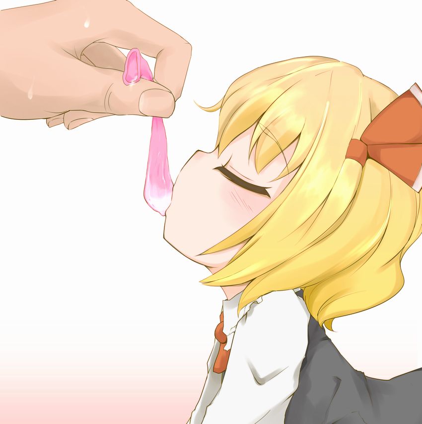 ascot bad_id bad_pixiv_id blonde_hair blush closed_eyes condom cum from_side hair_ribbon hetero holding madhand ribbon rumia short_hair simple_background solo_focus sucking touhou used_condom white_background
