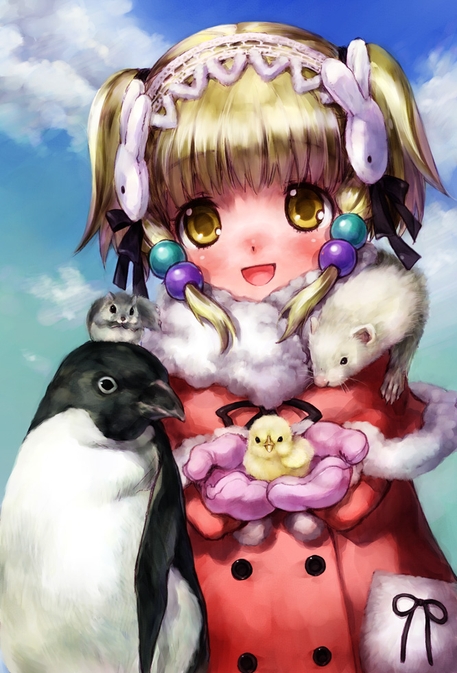 :d animal bird bird_on_hand blonde_hair blush bunny_hair_ornament chick coat cupping_hands hair_ornament hairband holding irui_guneden looking_at_viewer mittens nakamura_kanko open_mouth penguin smile solo super_robot_wars twintails yellow_eyes