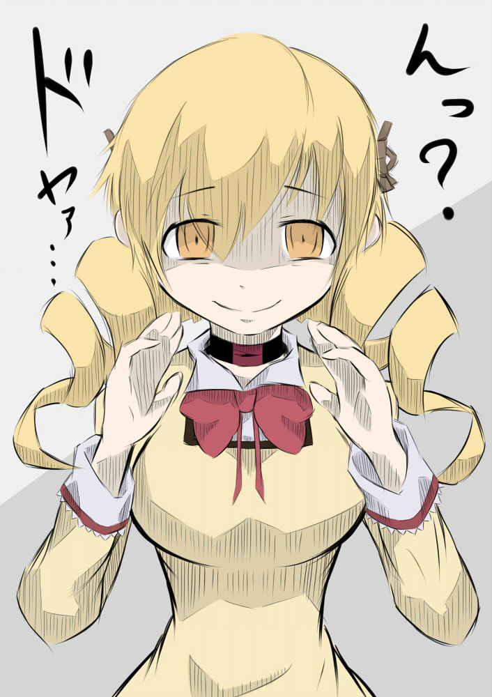 blonde_hair choker drill_hair empty_eyes evangelion:_3.0_you_can_(not)_redo long_hair mahou_shoujo_madoka_magica neon_genesis_evangelion rebuild_of_evangelion shaded_face smile solo spoilers tomoe_mami twin_drills twintails wed37927 yellow_eyes