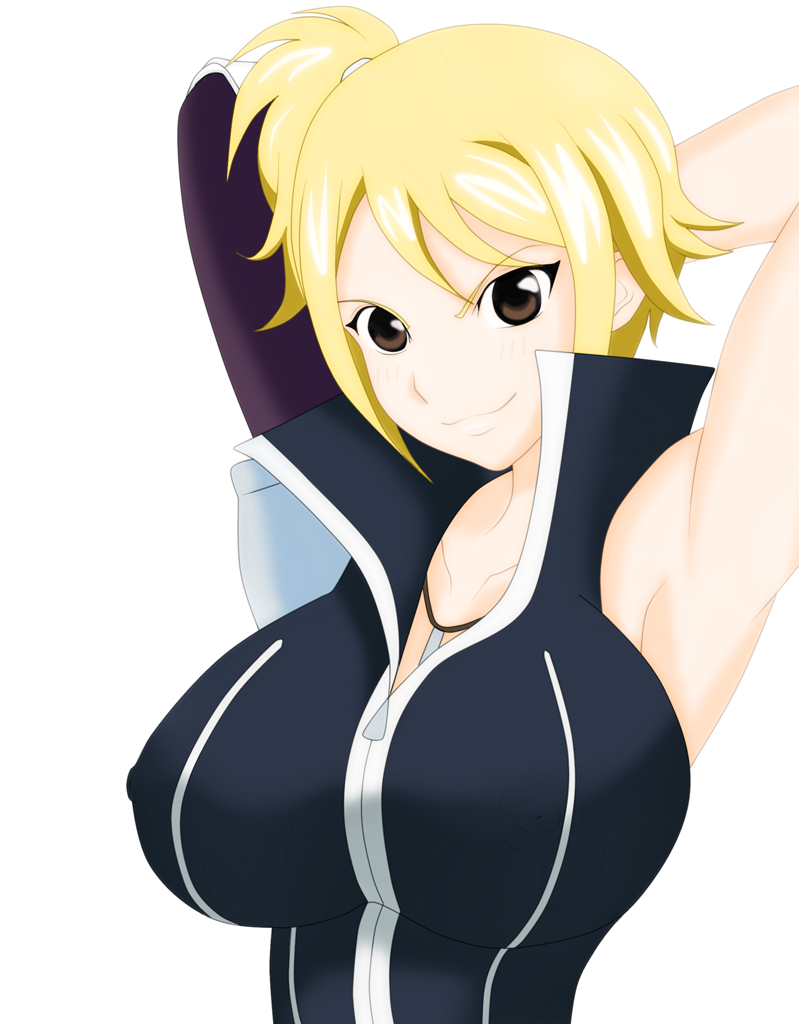 armpits arms_behind_head blonde_hair breasts brown_eyes covered_nipples fairy_tail gloves juudai large_breasts lucy_ashley side_ponytail single_glove smile solo