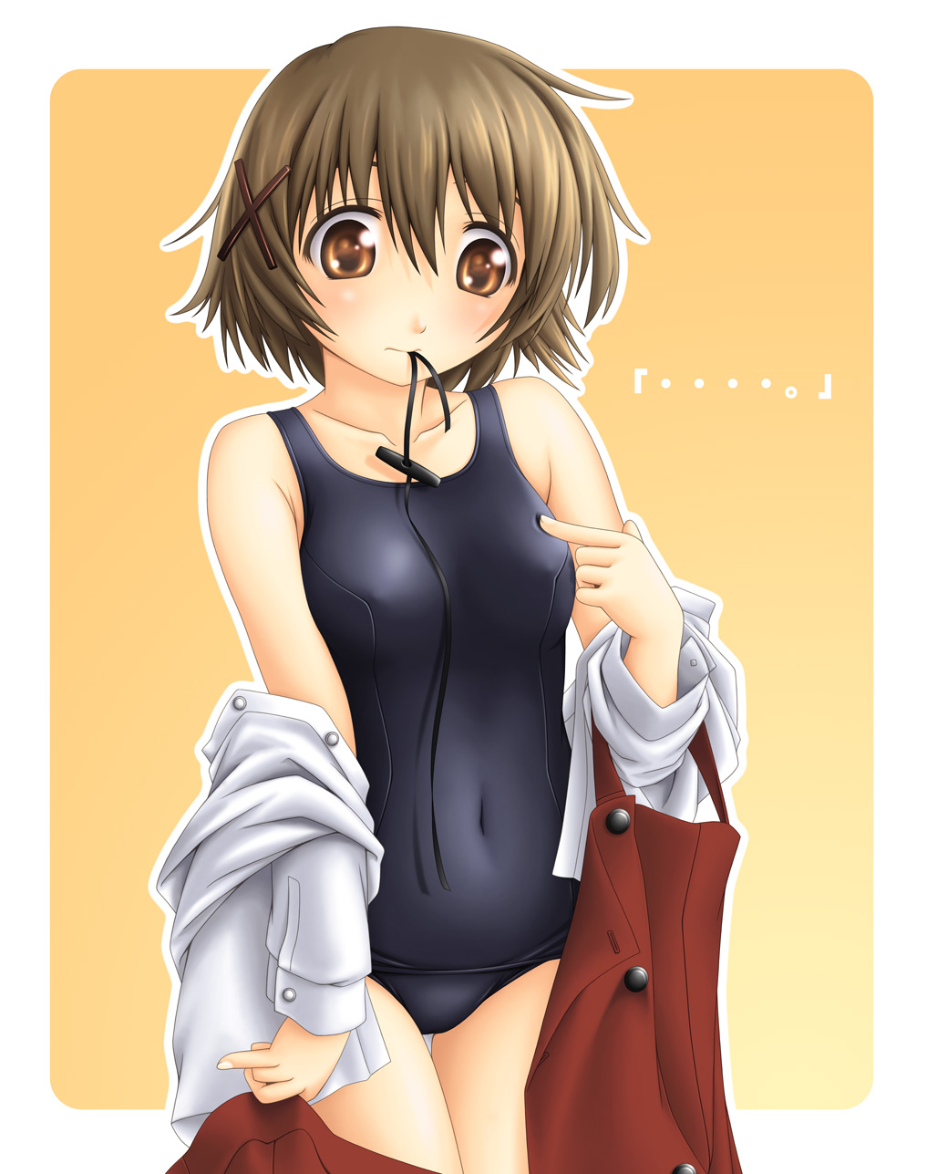 brown_eyes brown_hair hidamari_sketch highres mouth_hold one-piece_swimsuit school_swimsuit school_uniform short_hair solo swimsuit swimsuit_under_clothes tatsuyoshi_(t.y.ws) undressing yuno