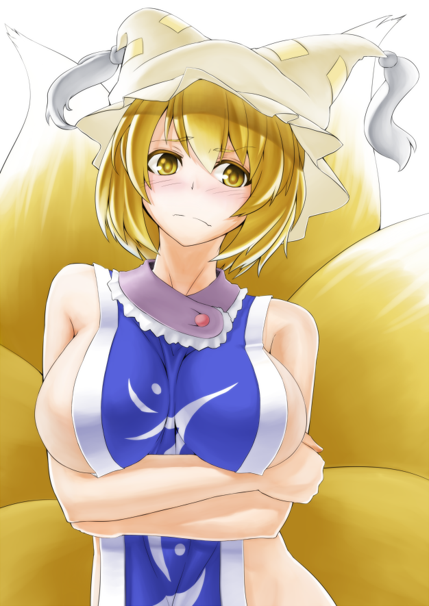 bad_id bad_pixiv_id blonde_hair blush breast_hold breasts crossed_arms doseisan_(dosei-san) fox_tail hat large_breasts multiple_tails naked_tabard short_hair sideboob solo tabard tail touhou yakumo_ran yellow_eyes
