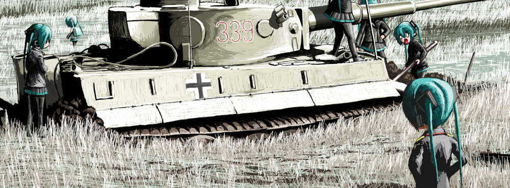 balkenkreuz caterpillar_tracks digging grass ground_vehicle hatsune_miku iron_cross long_hair military military_uniform military_vehicle motor_vehicle rxjx solo stuck tank tiger_i twintails uniform vocaloid world_war_ii