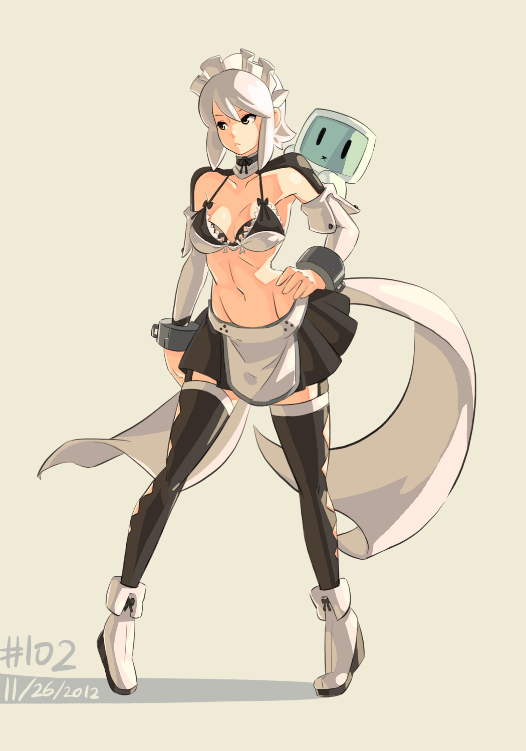 2012 argyle argyle_legwear bikini_top black_legwear breasts brown_eyes character_request cleavage contrapposto creature cuffs dated detached_sleeves full_body garter_straps hand_on_hip highres junkpuyo legs_apart maid maid_headdress medium_breasts midriff miniskirt navel pigeon-toed s4_league shackles shadow short_hair simple_background skirt standing stomach thighhighs white_hair yellow_eyes zettai_ryouiki |_|