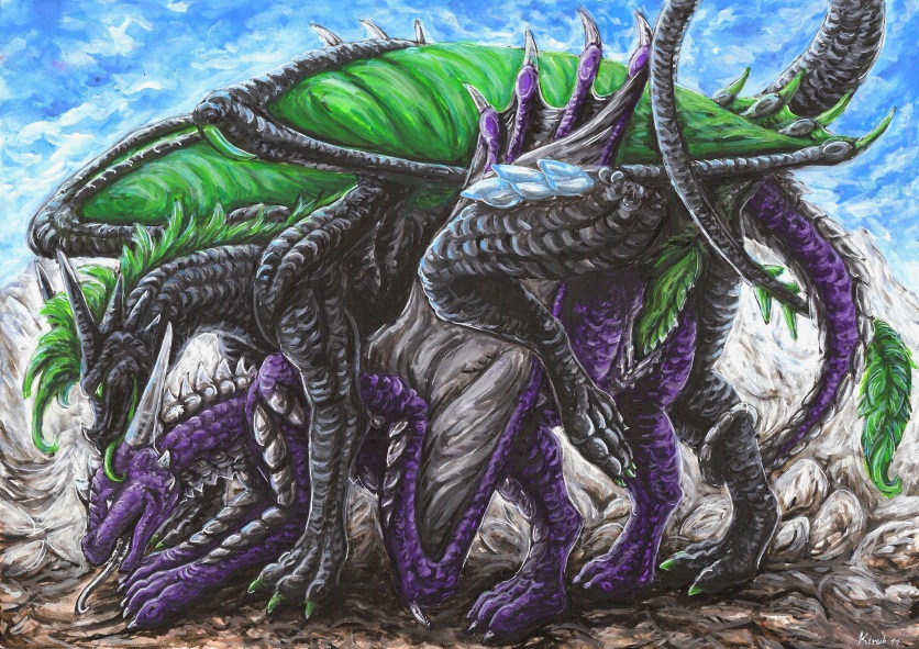 dragon duo female feral feral_on_feral from_behind green_hair hair horn kirsch male mane outside penetration penis scales scalie sex straight tongue tongue_out traditional traditional_media vaginal vaginal_penetration western western_dragon wings zaatharen