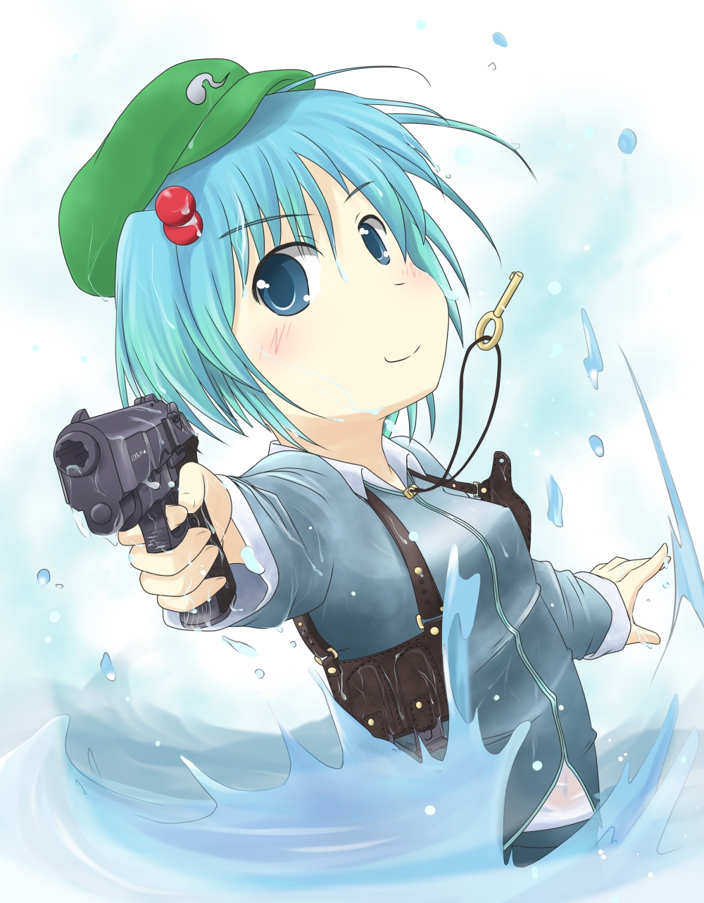 blue_eyes blue_hair blush gun hat highres holster kawashiro_nitori key minipat_(sketch_wall) short_hair solo splashing touhou water weapon wet