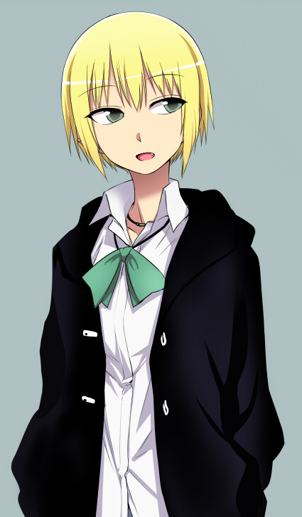 :d androgynous bangs blonde_hair bow earrings fang flat_chest green_eyes grey_background hands_in_pockets high_collar jacket jewelry kon_futaba kumadano looking_away necklace open_clothes open_jacket open_mouth school_uniform shirt short_hair simple_background smile solo soredemo_machi_wa_mawatteiru upper_body