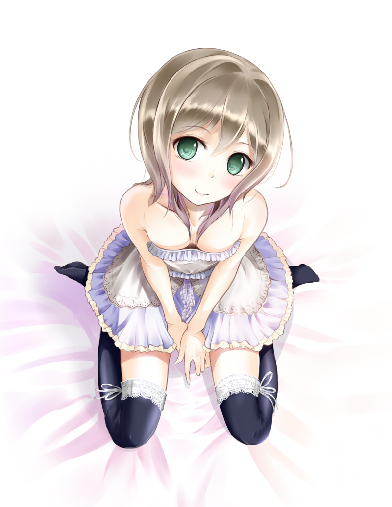 bad_id bad_pixiv_id bare_shoulders black_legwear breasts cleavage collarbone downblouse from_above green_eyes kisuiaki looking_at_viewer looking_up original short_hair silver_hair small_breasts smile solo thighhighs white_background