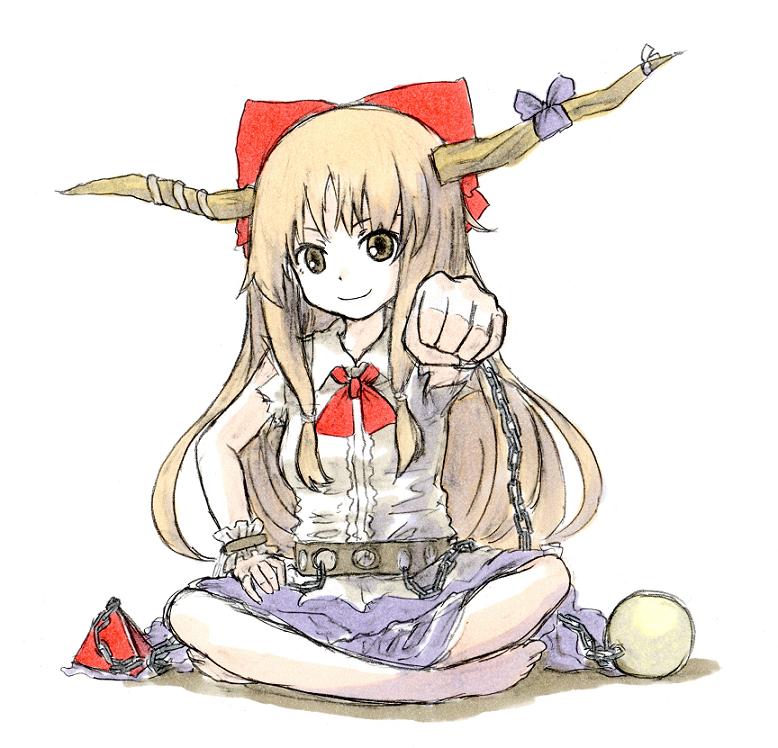 bad_id bad_pixiv_id barefoot blonde_hair bow brown_eyes chain clenched_hand foreshortening full_body hair_bow hair_ornament horns ibuki_suika indian_style light_brown_hair looking_at_viewer shiratama_(hockey) simple_background sitting sketch sleeveless smile solo touhou traditional_media white_background
