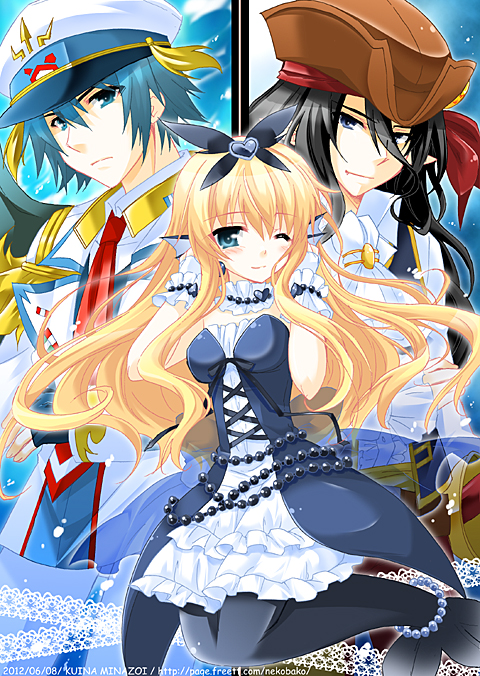 aqua_force bandanna bermuda_triangle black_hair blonde_hair blue_eyes blue_hair bow captain_nightmist cardfight!!_vanguard crossover dress fins frilled_dress frills frilly_dress granblue green_eyes hair_bow hat minazoi_kuina necktie pearl pearls pirate pirate_hat tie top_idol_riviere water_general_of_wave-like_spirals_benedict