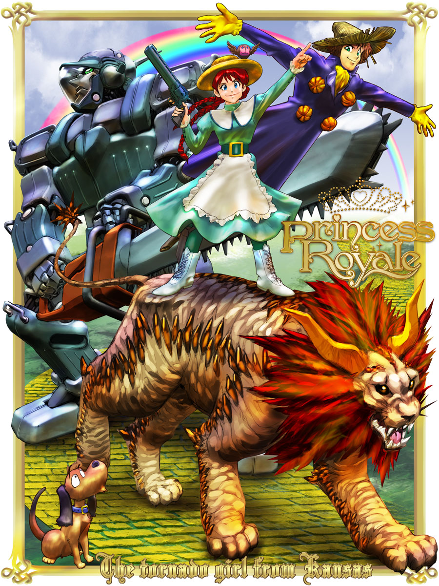 1girl blue_eyes boots chainsaw copyright_name dog dorothy dress english fantasy gun handgun hat highres igunuk lion locks mecha monster mutant pet pistol princess_royale rainbow red_hair robot scarecrow science_fiction the_wizard_of_oz tin_man toto_(twooz) weapon