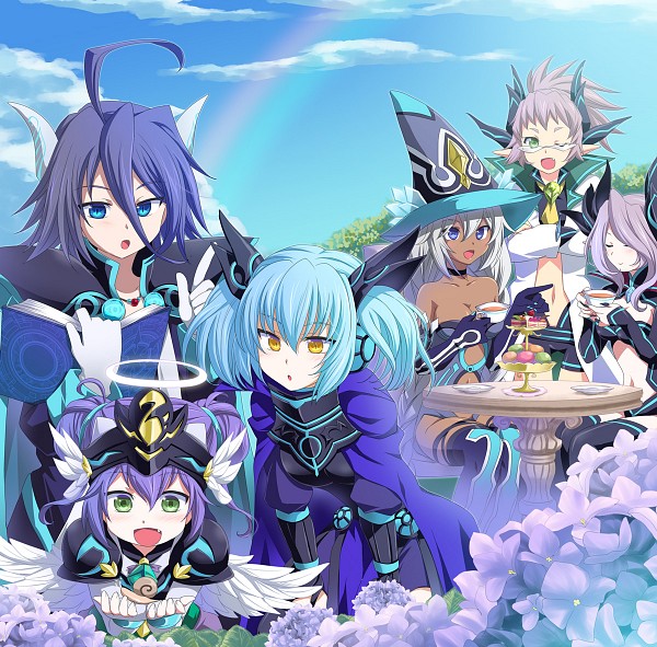 4girls absurdres armor black_sage_charon blue_eyes cake cape cardfight!!_vanguard darkness_maiden_macha darkside_trumpeter feathers flower food green_eyes green_hair hair_ornament hat horns long_hair miniskirt moonlight_witch_vaha multiple_girls nostrum_witch_arianrhod purple_eyes purple_hair shadow_paladin short_hair shoulder_pads skirt skull_witch_nemain tea tea_party tiered_serving_stand twintails white_hair witch_hat witch_of_nostrum_arianrhod yellow_eyes