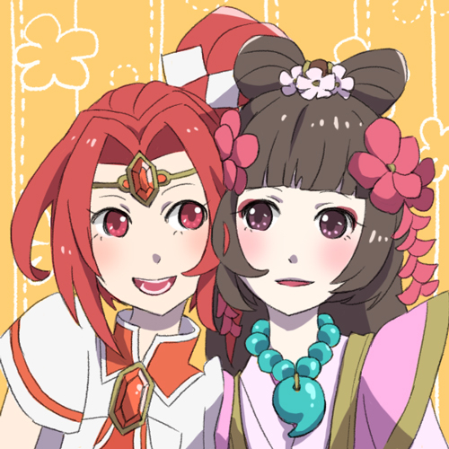 2girls blush brown_eyes brown_hair cardfight!!_vanguard crossover flower goddess_of_fortune_flowers_sakuya hair_ornament japanese_clothes jewelry kimono lowres magical_girl multiple_girls necklace oracle_think_tank red_eyes red_hair scarlet_witch_coco