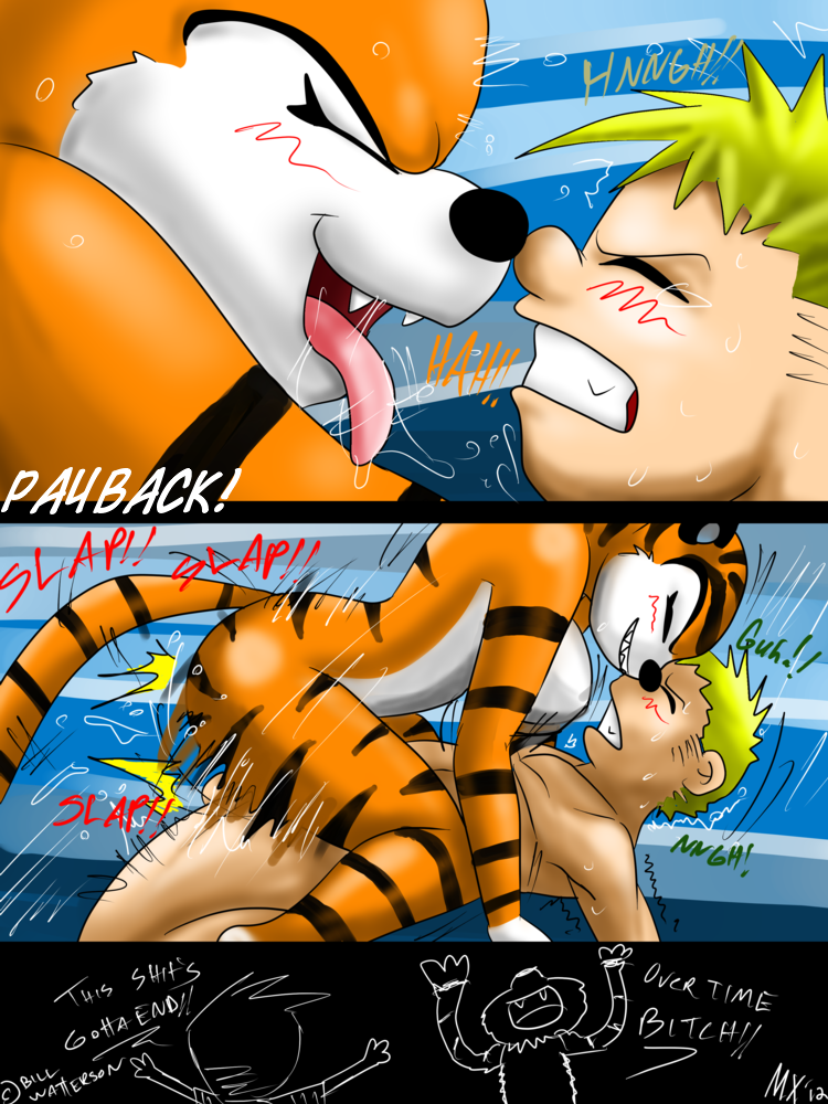 blonde_hair breasts butt calvin calvin_and_hobbes comic cowgirl_position crossgender cum cum_in_mouth dialog dialogue english_text feline female hair hobbes human interspecies male mammal monkeyxflash on_top oral oral_sex penetration penis plain_background pussy sex straddling straight text tiger vaginal vaginal_penetration