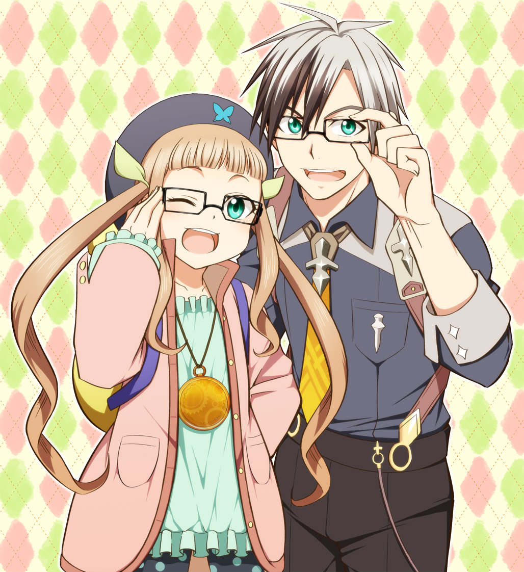 1girl ;d adjusting_eyewear aqua_eyes argyle argyle_background bad_id bad_pixiv_id beret bespectacled black_hair black_hat brown_hair elle_mel_martha glasses green_shirt happy hat jacket jewelry long_hair ludger_will_kresnik multicolored_hair necklace necktie one_eye_closed open_mouth shirt smile suspenders tales_of_(series) tales_of_xillia tales_of_xillia_2 twintails two-tone_hair utakata_masara white_hair