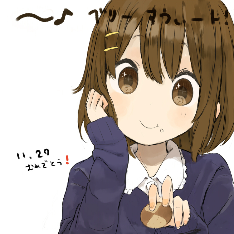 brown_eyes brown_hair checkerboard_cookie cookie eighth_note food food_on_face hirasawa_yui k-on! looking_at_viewer musical_note nasuna short_hair simple_background smile solo upper_body white_background