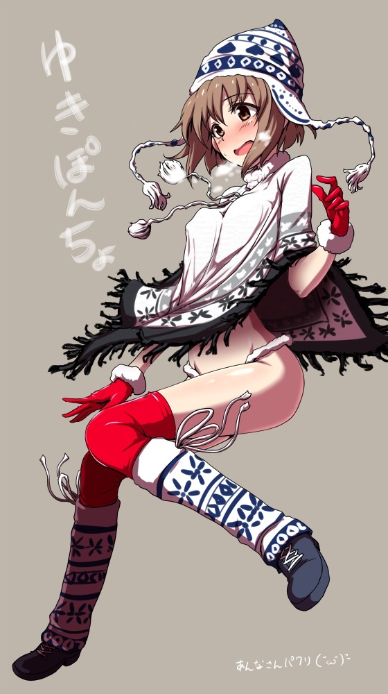 boots breasts breath check_translation clearite covered_nipples cross-laced_footwear duplicate fringe_trim full_body fundoshi fur-trimmed_gloves fur_collar fur_trim gloves grey_background hagiwara_yukiho hat idolmaster idolmaster_(classic) japanese_clothes knees_together_feet_apart knit_hat leg_warmers open_mouth poncho portmanteau pun red_gloves red_legwear simple_background skinny small_breasts solo tassel thighhighs translation_request winter_clothes
