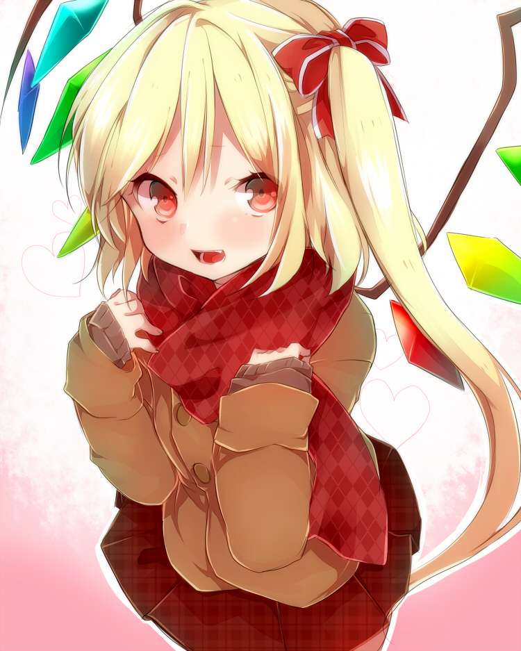 alternate_costume argyle argyle_scarf blonde_hair blush cardigan contemporary fang flandre_scarlet hair_ribbon heart long_hair looking_at_viewer no_hat no_headwear open_mouth red_eyes red_scarf ribbon scarf side_ponytail skirt smile solo takeshima_(nia) touhou unmoving_pattern wings