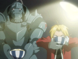 2boys alphonse_elric animated animated_gif blonde_hair brothers eating edward_elric fullmetal_alchemist long_hair lowres male male_focus multiple_boys siblings