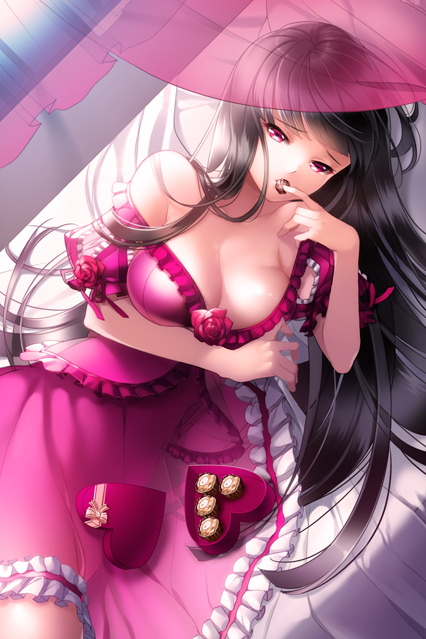 aile_(crossroads) bed bed_sheet black_hair breasts character_request chocolate cleavage curtains dress eating heart large_breasts long_hair looking_at_viewer lying off_shoulder on_side pink_eyes solo sword_girls