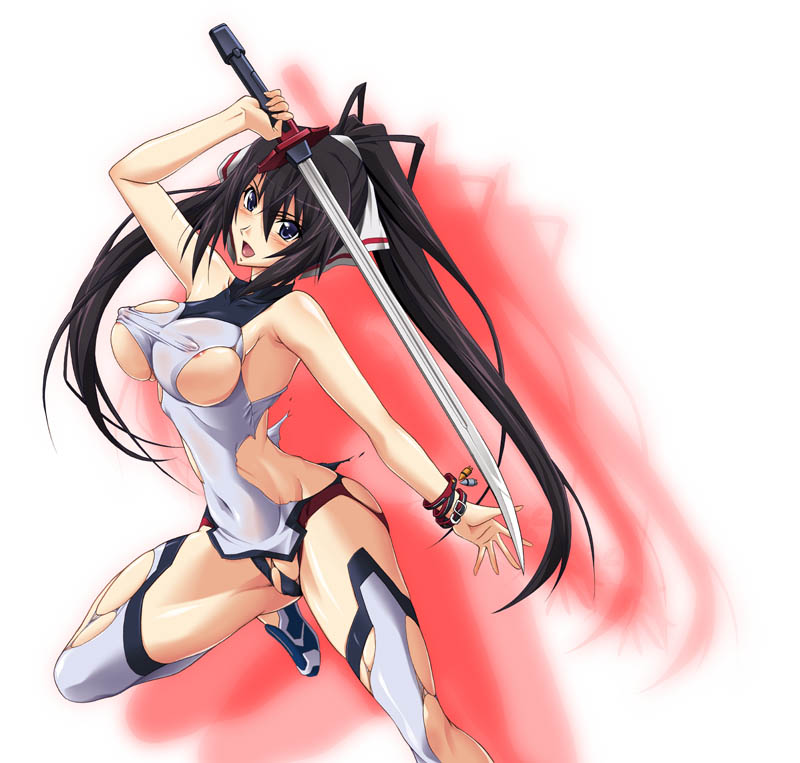 areola_slip areolae bracelet breasts brown_hair covered_nipples hair_ribbon infinite_stratos jewelry katana large_breasts leotard long_hair mutou_keiji navel pilot_suit purple_eyes ribbon shinonono_houki solo split_ponytail sword thick_thighs thighhighs thighs torn_clothes weapon