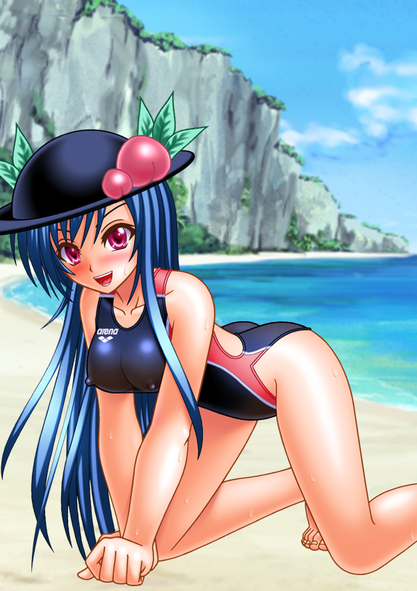 all_fours arena_(company) beach blue_hair blush breasts competition_swimsuit covered_nipples food fruit hat hinanawi_tenshi long_hair medium_breasts one-piece_swimsuit onna_kishi_no_shiro peach purple_eyes red_eyes see-through solo sweat swimsuit touhou