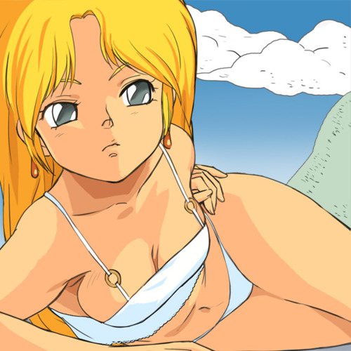 80s blonde_hair blue_eyes breasts cleavage desert dragon's_heaven dragon's_heaven haruyama haruyama_kazunori ikuru lowres oldschool panties tan tanned underwear