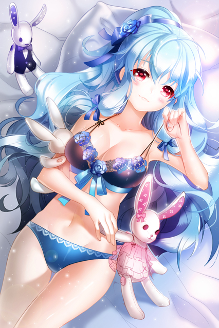 aile_(crossroads) bare_shoulders blue_hair blush bow bra breasts bunny cleavage collarbone flower hair_ribbon holding linus_falco long_hair lying medium_breasts navel on_back panties red_eyes ribbon shiny shiny_skin smile solo stuffed_animal stuffed_bunny stuffed_toy sword_girls thigh_gap underwear underwear_only wavy_hair