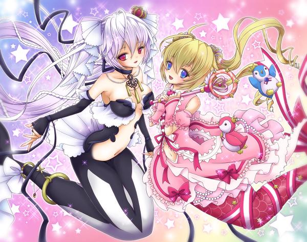 2girls bermuda_triangle bird blonde_hair blue_eyes breasts cardfight!!_vanguard cleavage crown dress frilled_dress frills frilly_dress magic_wand mermaid monster_girl multiple_girls penguin pink_dress red_eyes ribbon scales top_idol_pacifica velvet_voice_raindear wand white_hair